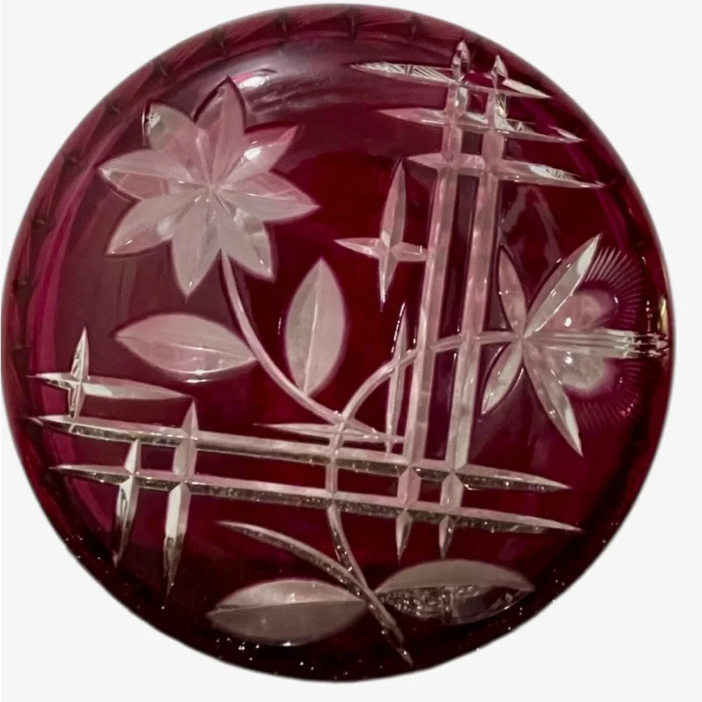 Bohemian Czech Ruby Cut to Clear Crystal Bowl Plate Centerpiece 11